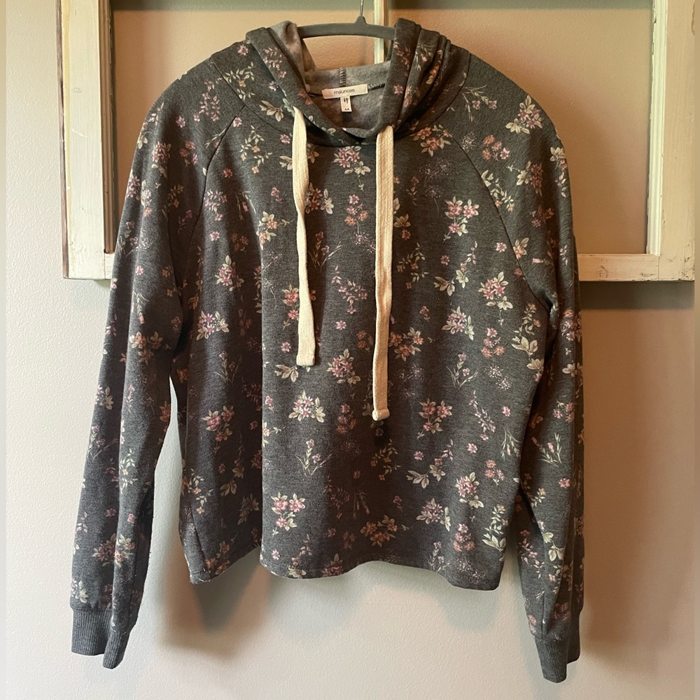 Maurices Gray and Pink Floral Hoodie Sweatshirt